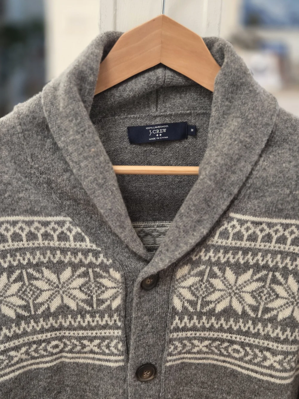 J. Crew Gray 100% Lambswool Men's Shawl-Collar Fair Isle Cardigan Sweater (M)